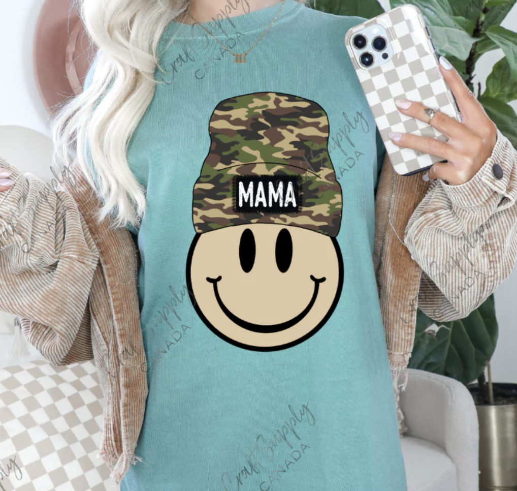 Mama Camo Smiley - Full Colour Screen Print (see description for full size and pressing instructions)